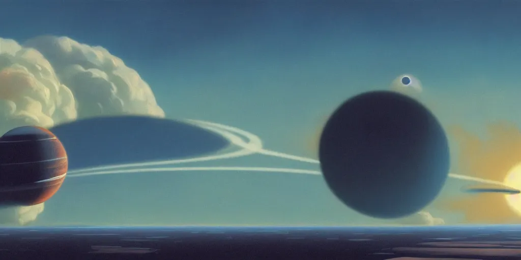 Image similar to blue dreamy cloudscape with a single planet in the clouds, daylight, cinematic lighting, cinematic perspective, syd mead, john harris, federico pelat,