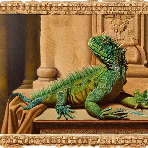 Image similar to iguana drinking tequila, baroque painting