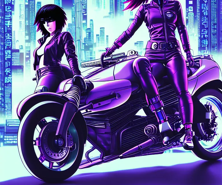 Image similar to motoko kusanagi riding a cyberpunk vehicle in a grungy cyberpunk megacity, bosozoku gang war, cyberpunk vaporwave, by phil jimenez, artgerm, sola digital arts, anti aliasing, raytracing