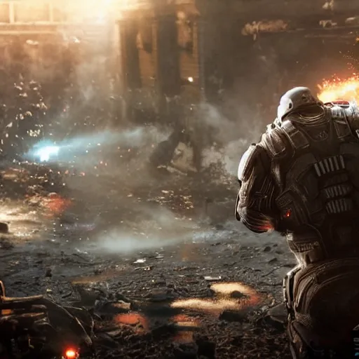 Image similar to Movie still of Donald Trump as ((the punisher)) in Gears of War, splash art, movie still, cinematic lighting, dramatic, octane render, long lens, shallow depth of field, bokeh, anamorphic lens flare, 8k, hyper detailed, 35mm film grain