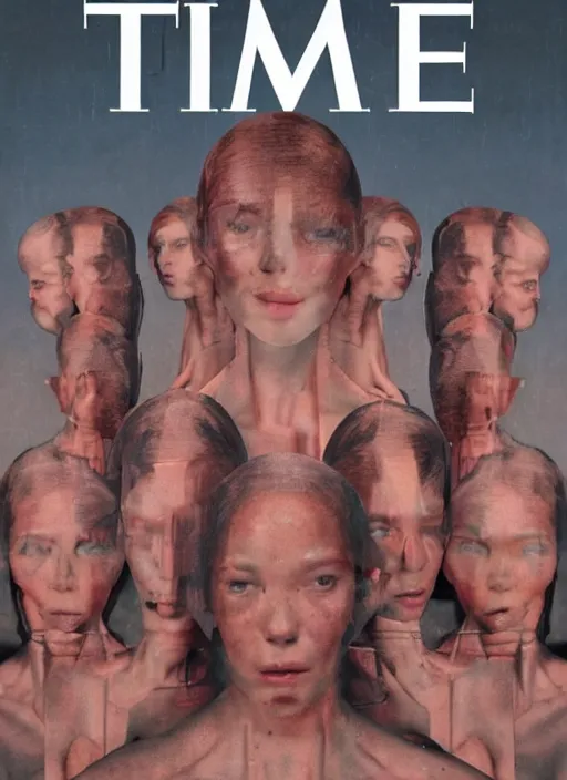 Prompt: TIME magazine cover, the coming AI singularity, by the Vanessa Beecroft and Sandra Chevrier, 4k