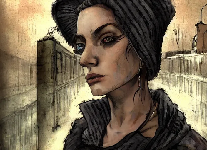 Prompt: rugged, beautiful pale woman by enki bilal,, punk outfit : : urban setting, close - up view : : cinematic headshot