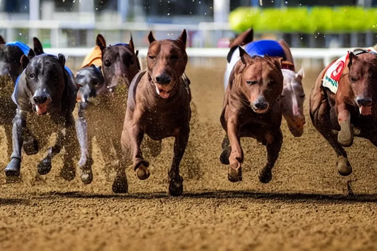 Image similar to an award winning shot of a horse track with racing pit bulls that are winning the race at the finish line