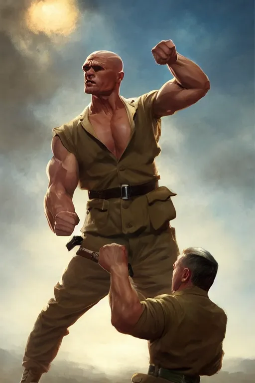 Image similar to photograph of doc savage punching a short man with a german uniform and a small mustache, clear detail, photorealistic, drawn by eric anthony johnson ericanthonyj artstation artgerm greg rutkowski and magali villeneuve 8 k subsurface scattering, hd, 8 k resolution, award winning photo, epic digital art