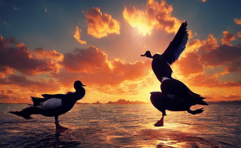 Image similar to Muscovy duck dancing on water, beautiful flowing fabric, sunset, dramatic angle, 8k hdr pixiv dslr photo by Makoto Shinkai and Wojtek Fus