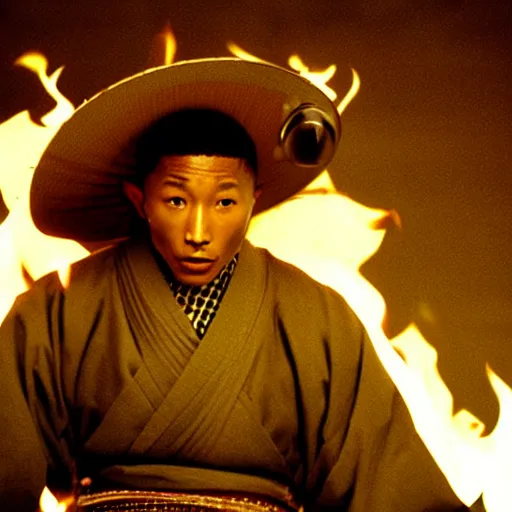 Image similar to cinematic film still Pharrell Williams starring as a Samurai holding fire, Japanese CGI, VFX, 2003, 40mm lens, shallow depth of field,film photography
