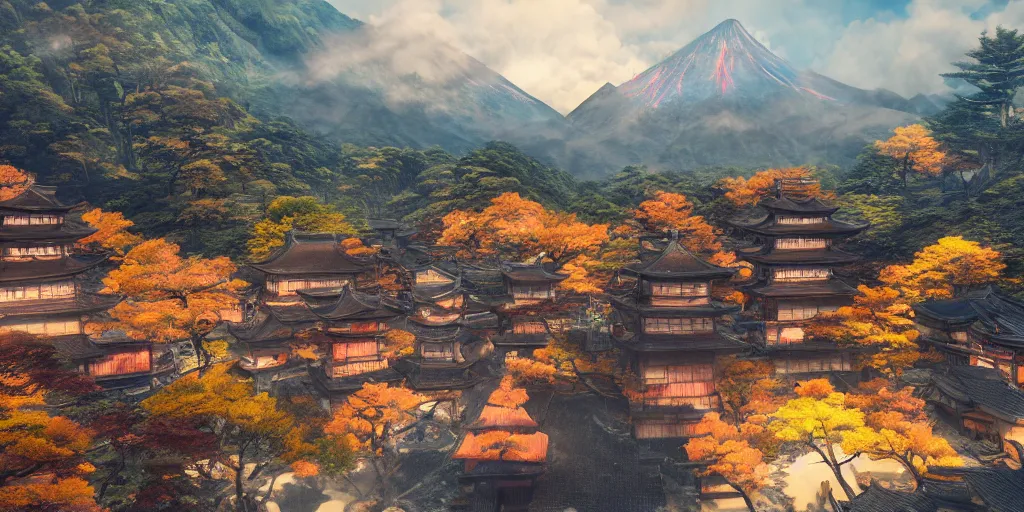 Prompt: a powerful japanese village high in mountains, volcano, concept art, fantastic landscape, unreal engine 5 render, sharp focus, anime, 8 k