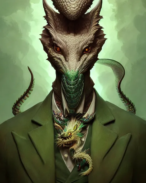 Image similar to anthropomorphic art of a detective dragon, green dragon, portrait, victorian inspired clothing by artgerm, victo ngai, ryohei hase, artstation. fractal papersand books. highly detailed digital painting, smooth, global illumination, fantasy art by greg rutkowsky, karl spitzweg