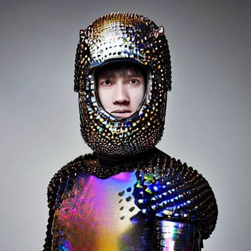 Image similar to a portrait of a beautiful young male wearing an alexander mcqueen armor made of holographic bubbles , photographed by andrew thomas huang, artistic