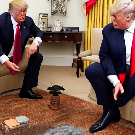 Image similar to giga chad showing donald trump how to use a calculator