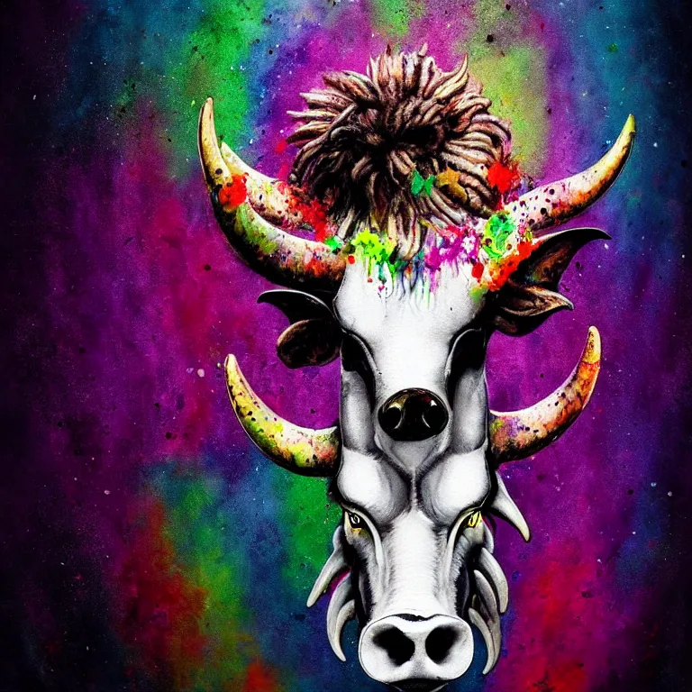 Prompt: cute xenomorph, cow head, lion mane, pig nose, sheep horns, splatter paint, desaturated rainbow color palette, rule of thirds, symmetrical, full front portrait