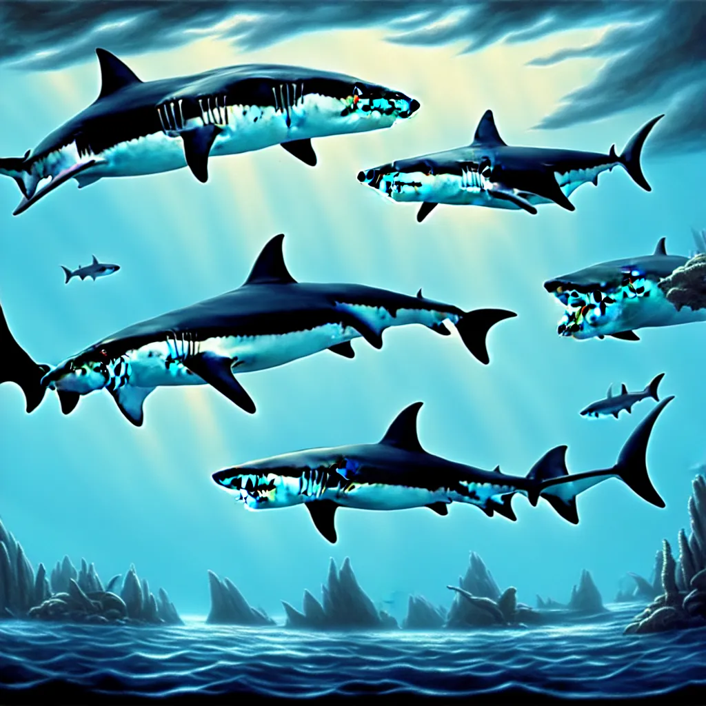 Image similar to shark party, detailed matte painting, oil on canvas, atmospheric, field of depth, fantasy, grim, dark, trending on artstation