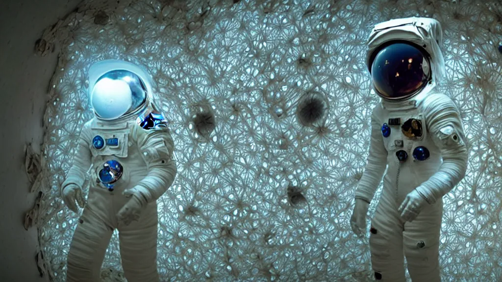 Image similar to a single astronaut eva suit made of diamond 3d fractal lace iridescent bubble 3d skin and covered with insectoid compound eye camera lenses floats through the living room, film still from the movie directed by Denis Villeneuve with art direction by Salvador Dalí, wide lens,