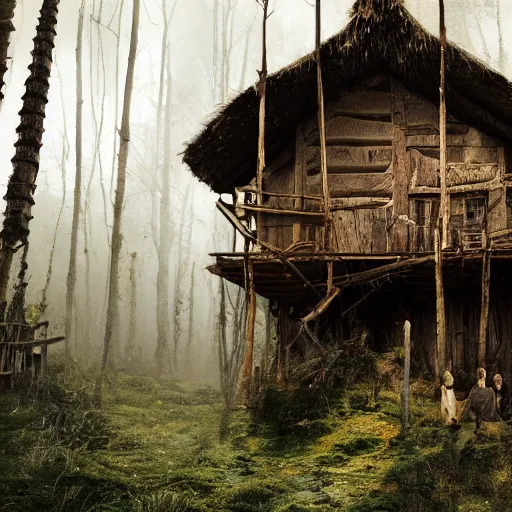 Image similar to a cinematic movie shot of a rustic multi-story ramshackle hut in the magical forest