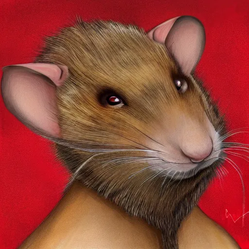 Image similar to a portrait of a human-rat mutant hybrid mutant with brown fur wearing a red kimono, painting, realistic, digital art