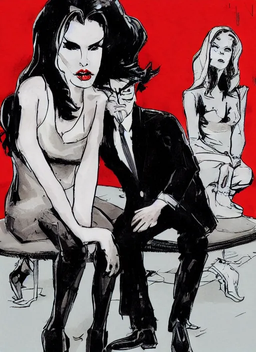 Image similar to george clooney wearing a formal black suit and kim basinger wearing a red dress in love sitting, in the style of ashley wood, in the style of ashley wood, wylie beckert, sam weber, joao ruas, kelsey beckett, james jean