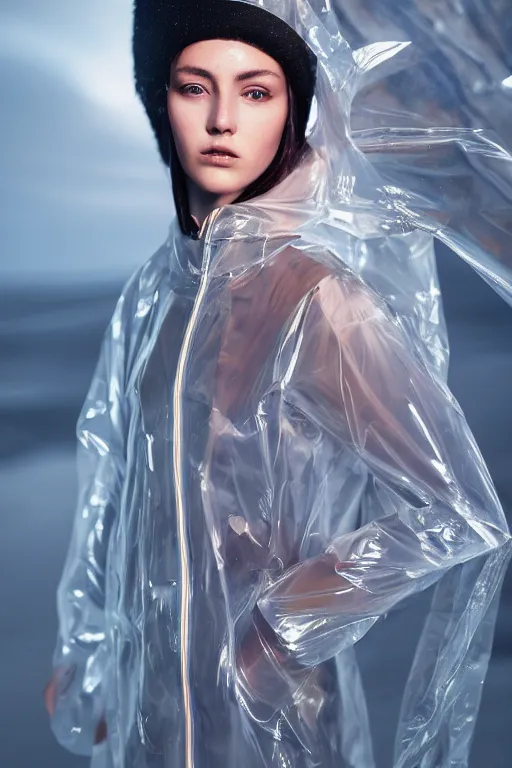 Image similar to an ultra high definition professional high fashion portrait studio full length photograph of a model wearing a transparent pearlescent raincoat and neon visor in an icelandic black rock environment at dawn. no artefacts. extremely detailed. stark. refraction. shallow depth of field. volumetric light and shadow. ray tracing. light rays.