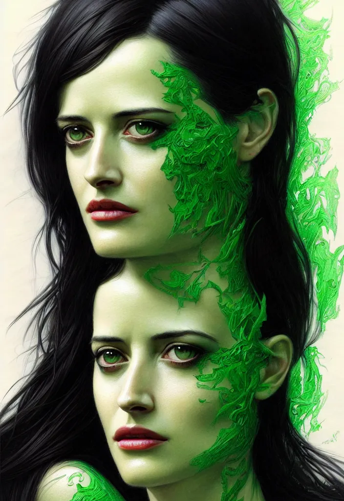 Prompt: portrait of eva green, black hair, green eyes, elegant, real life skin, intricate artwork, high detailed, artstation, concept art, smooth, sharp focus, art by artgerm and greg rutkowski @ ruprechy