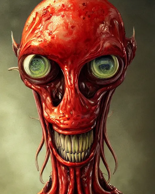 Image similar to Haunting horrifying detailed painting of a tall skinny extraterrestrial squid monster made of gelatinous fluid, floating teeth and bloodshot eyeballs, hyper detailed, trending on Artstation