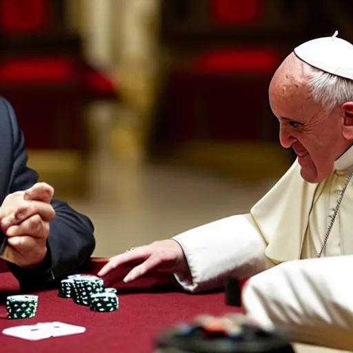 Prompt: the pope playing poker with the devil