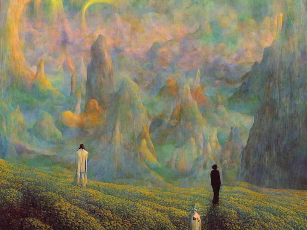 Image similar to man in white beekeeper suit looking at the psychedelics dream mothership over the sacred mountains. painting by mikalojus konstantinas ciurlionis, bosch, wayne barlowe, agnes pelton, rene magritte