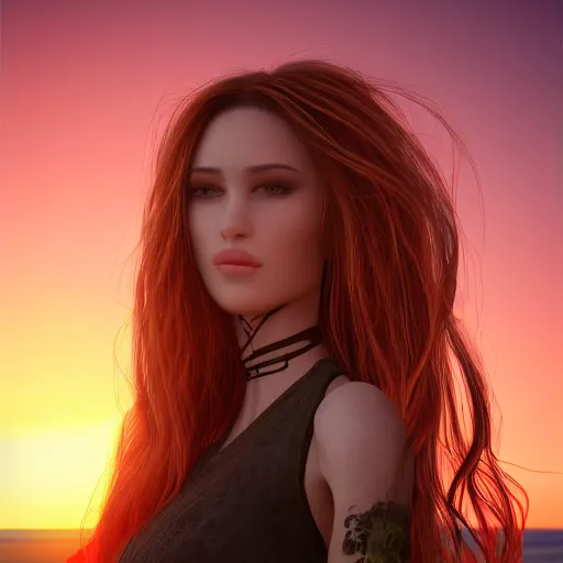 Prompt: A portrait of a beautiful woman, with long, flowing hair, and piercing eyes, set against a backdrop of a stunning sunset, trending on artstation, artstationHD, artstationHQ, photorealistic imagery, 3D art, 4k, 8k