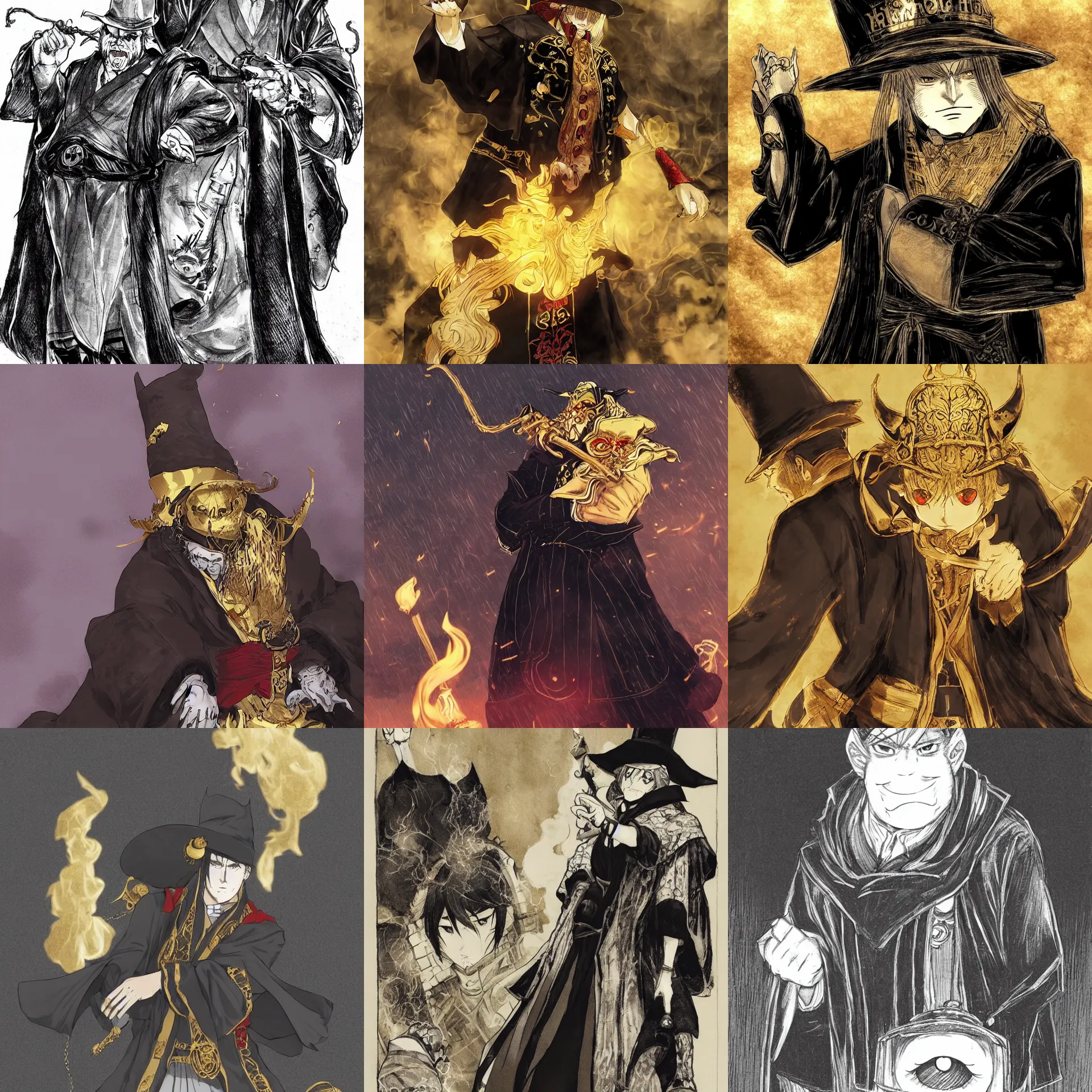 Prompt: dressed in black robes and high hats, robes with golden characters, fat, fierce - looking, devilish, eyes, big red eyes, shackles in his hands, surrounded by this fine golden smoke akihiko yoshida