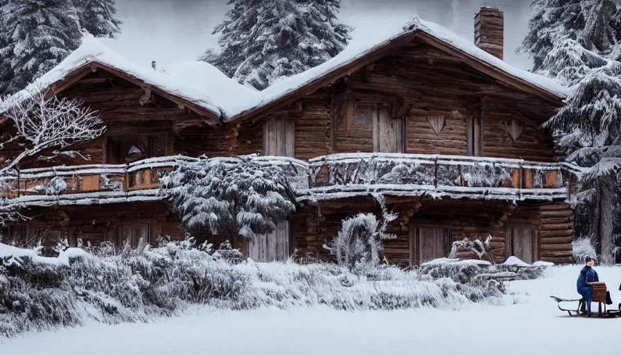 Image similar to old couple in rocking chairs living in old wooden chalet built in snowy mountains, snowing, trees, hyperdetailed, artstation, cgsociety, 8 k