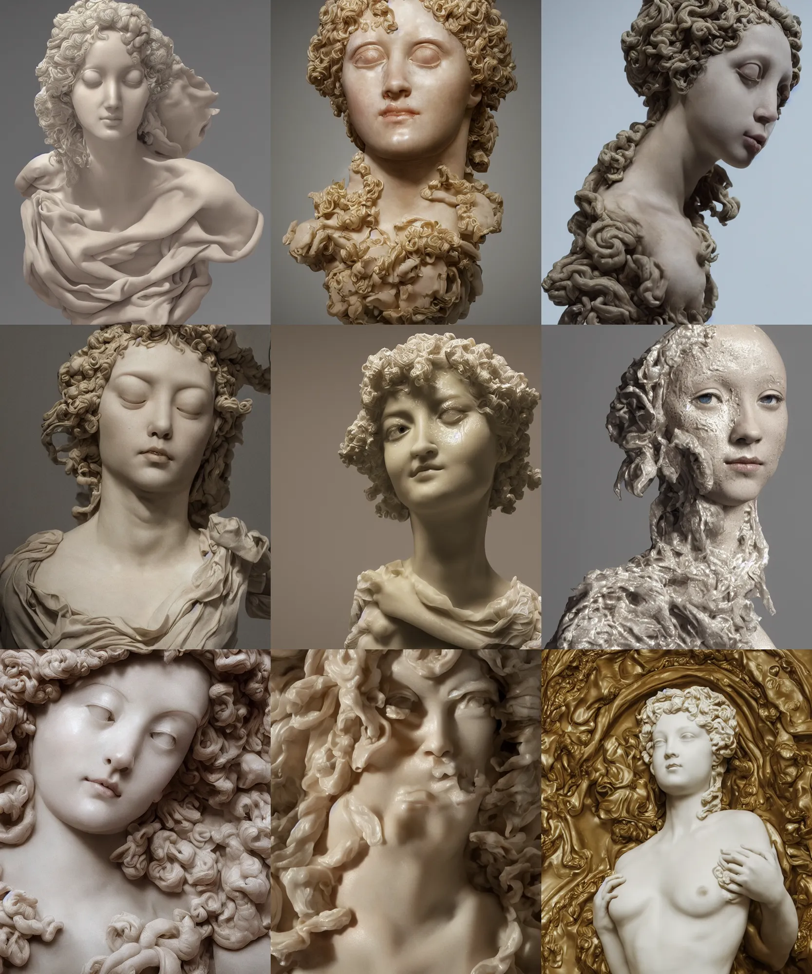 Prompt: the beautiful delicate renaissance wax goddess with melted face, highly detailed melted wax, gi, global illumination, physically based rendering, photorealistic, top light, by Livio Scarpella, Bernini, Urs Fischer, Jin Shan, Mooniq Priem, white background