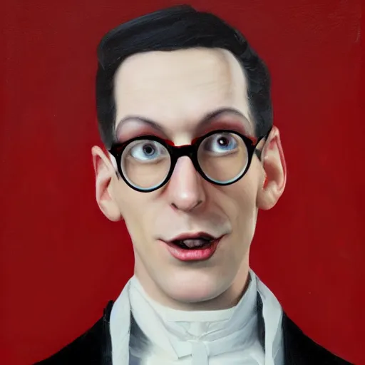 Prompt: 19th century portrait of Neil Cicierega looking forward holding his cat, serious facial expression, digital artwork, highly detailed, trending on artstation, red colors, dark, dreamlike, mystical, red lights, contrast, black background, digital painting, 8K