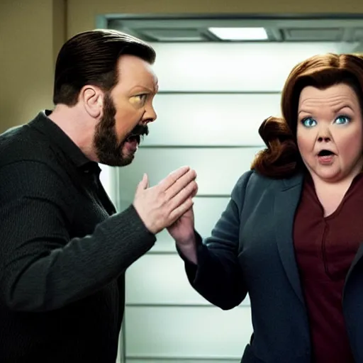 Image similar to movie shot from a sci - fi absurdist comedy with ricky gervais played by melissa mccarthy, dramatic