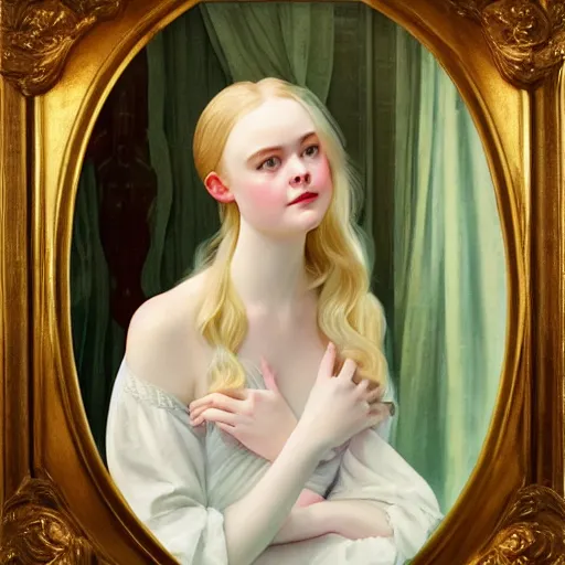 Image similar to Painting of Elle Fanning at a seance surrounded by ghosts, long blonde hair, delicate, pale milky white porcelain skin, spectral green glow, by Leyendecker and Norman Rockwell