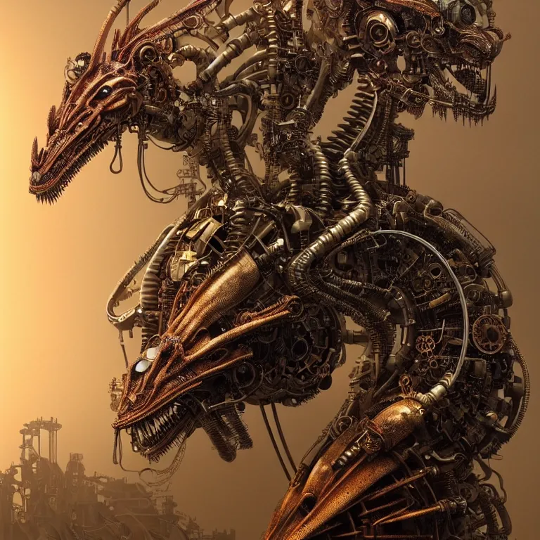 Prompt: hyperrealistic mixed media portrait of a beautiful mechanical steampunk dragon, stunning 3d render inspired art by P. Craig Russell and Barry Windsor-Smith + perfect facial symmetry + dim volumetric lighting, 8k octane beautifully detailed render, post-processing, extremely hyperdetailed, intricate futuristic mechanic parts, epic composition, grim yet sparkling atmosphere, cinematic lighting + masterpiece, trending on artstation