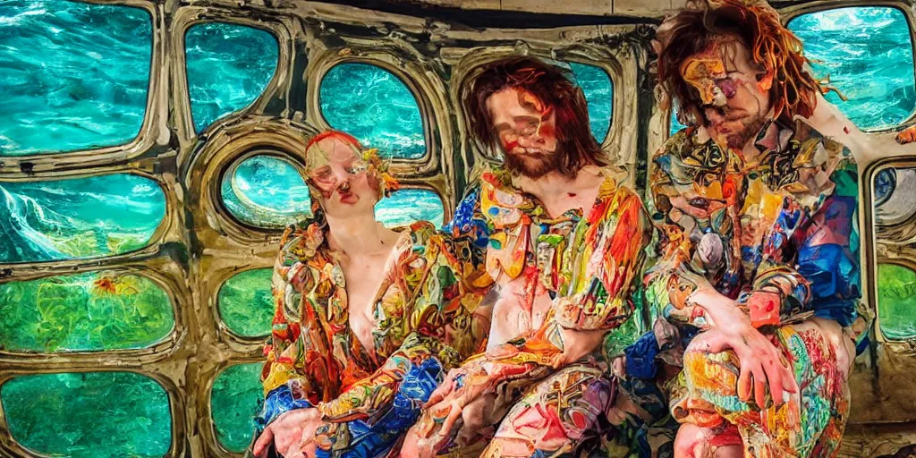 Image similar to detailed colourful masterpiece of photography couple portrait sat down extreme closeup, inside a beautiful underwater train, detailed realistic expressions, wearing unusual clothes, by ford maddox brown