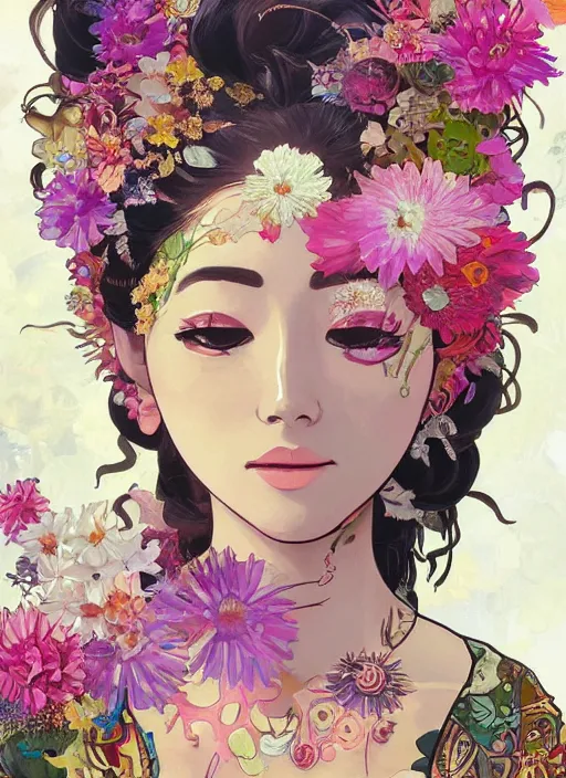 Prompt: !!! very coherent!!! oil painting, beautiful floralpunk balinese cyborg portrait girl female illustration detailed patterns art of bali traditional dress, flower pop art, floral splash painting, art by ashley wood, alphonse mucha, makoto shinkai, geof darrow, dark shadow