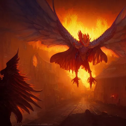 Image similar to Anthropomorphic phoenix in fire flying through a medieval town by night, DnD character, unreal engine, octane render, dramatic lighting, pond, digital art, by Stanley Artgerm Lau, greg rutkowski, thomas kindkade, alphonse mucha, loish, norman Rockwell