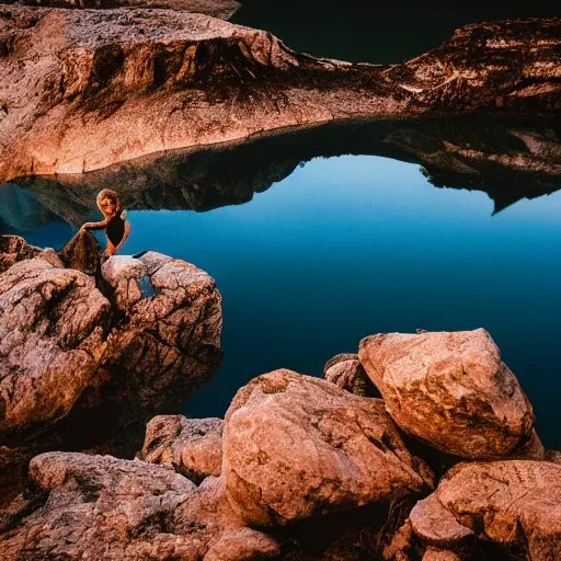 Image similar to cinematic wide shot of a lake with a rocky foreground, sunset, a bundle of rope is in the center of the lake, leica, 2 4 mm lens, 3 5 mm kodak film, f / 2 2, anamorphic