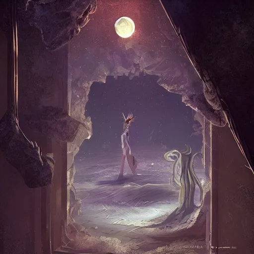 Image similar to elevator to the moon, dreamscape, dramatic lighting, fantasy art illustration, trending on artstation, Aetherpunk