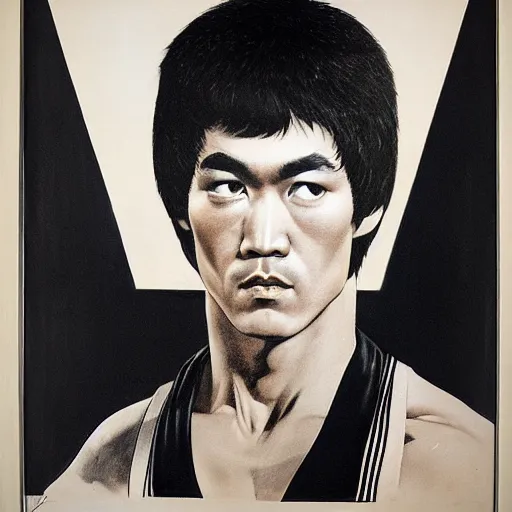 Image similar to Frontal portrait of Bruce Lee. A portrait by Norman Rockwell.