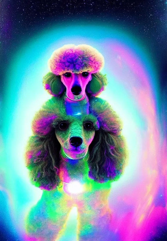 Prompt: a beautiful portrait of a poodle inside an holographic iridescent spacesuit, galactic landscape, cinematic, volumetric fog, risographic, digital art, 4 k, vintage sci - fi, inspired by moebius, inspired by thim white, inspired by h. r. giger
