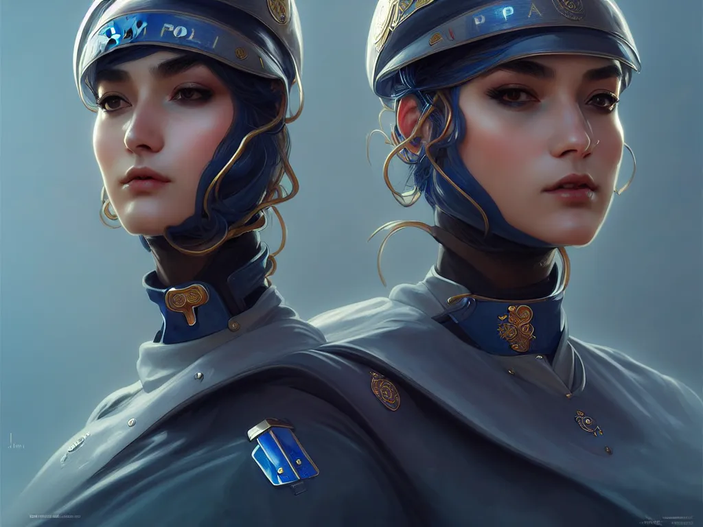 Image similar to portrait futuristic italy police uniform female, at future neon light rooftop, ssci - fi and fantasy, intricate and very very beautiful and elegant, highly detailed, digital painting, artstation, concept art, smooth and sharp focus, illustration, art by tan zi and ayanamikodon and alphonse mucha and wlop