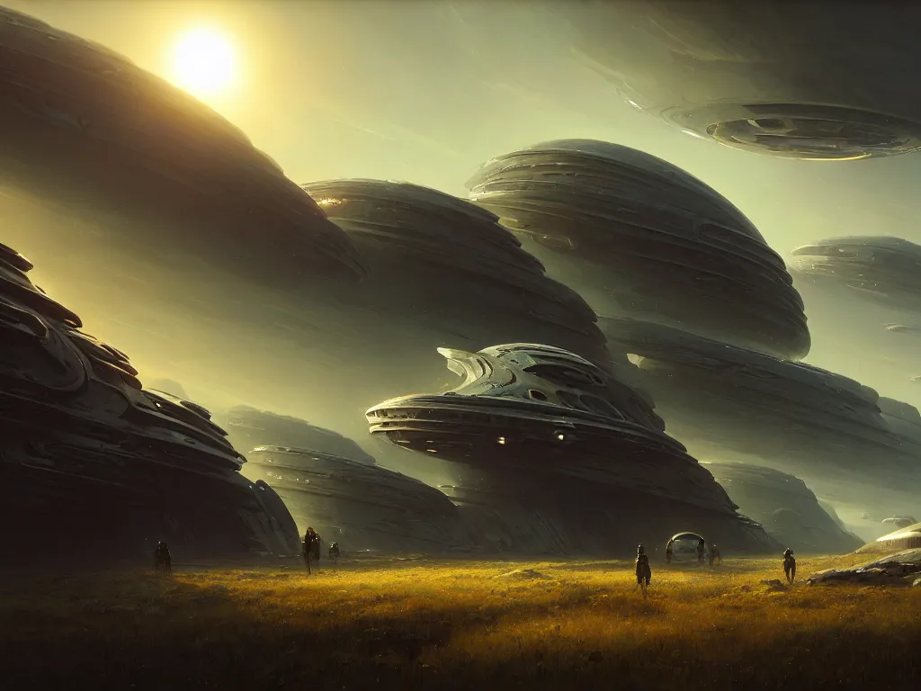 Prompt: futuristic alien spaceship landscape by brian despain, daniel ridgway knight, atey ghailan, jeremy mann, artstation, volumetric light, high detail, perfect, concept art, 8 k, realistic