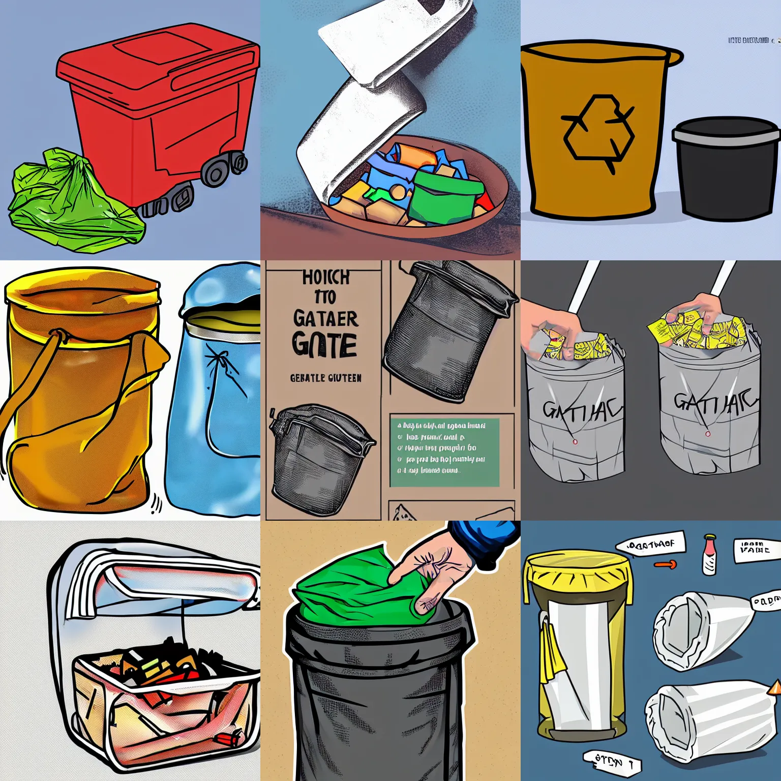 Prompt: throw garbage bag into container, guide, how-to, digital illustration