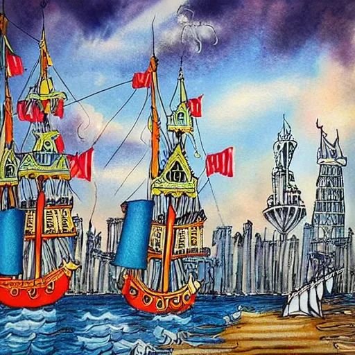 Image similar to by ed roth stormy. a installation art of a tall ship sailing through a cityscape. the ship is adorned with intricate details, while the cityscape is filled with towering palaces & other grand buildings.