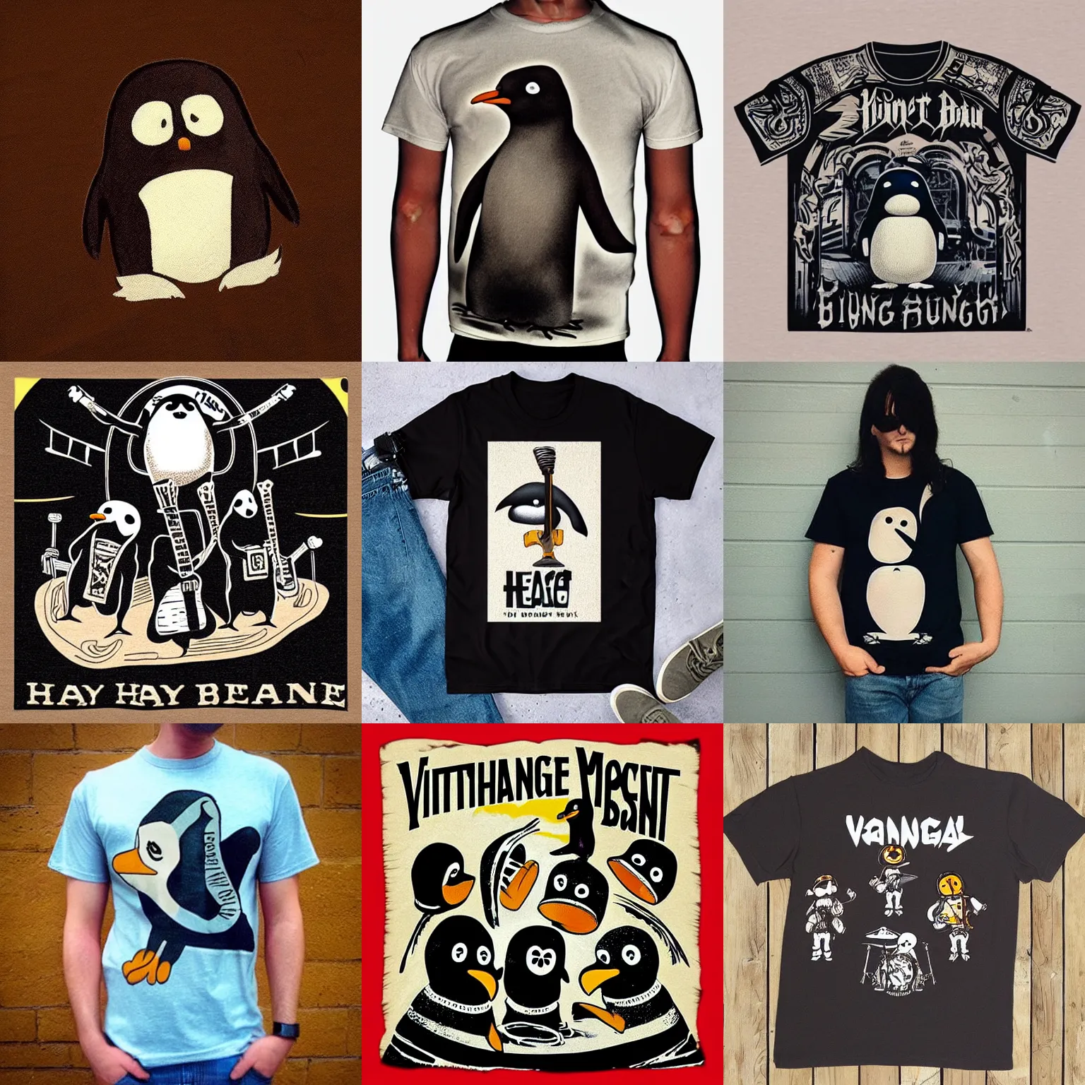 Prompt: “vintage band tee shirt for a heavy metal pingu band”