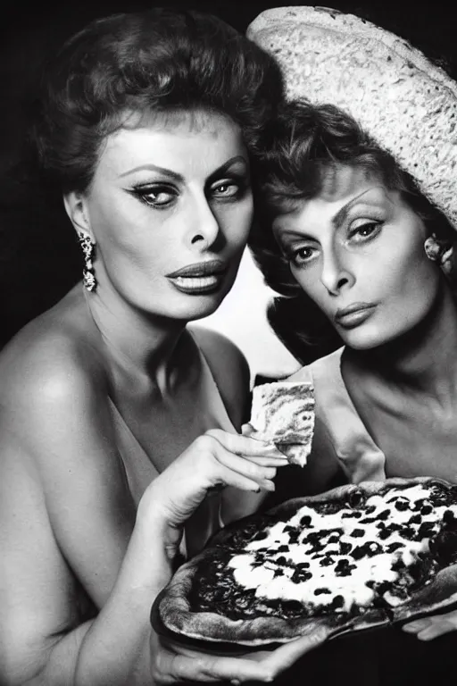 Prompt: professional studio photo of sophia loren and queen margherita ( savoy ) sharing a pizza! margherita, closeup, portrait photo, diffuse light, black and white photo, 5 0 mm, soft focus, acclaimed, masterpiece