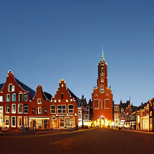 Image similar to a warm summer night in groningen, the netherlands, 2 0 0 8, detailed, wideshot, photorealistic, blue - yellow sky
