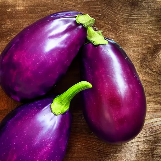 Image similar to a ornate detailed red and purple glowing eggplant, an eggplant fruit still on the vine