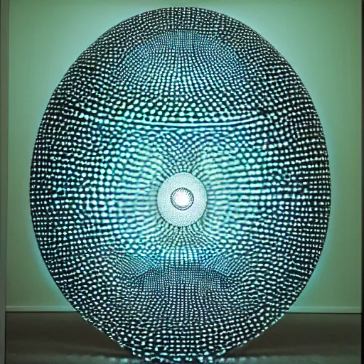 Image similar to annie liebowitz portrait of a plasma energy tron dinosaur egg in the shape of a random geometric shape, made up of spiral glowing electric plates and patterns. cinestill