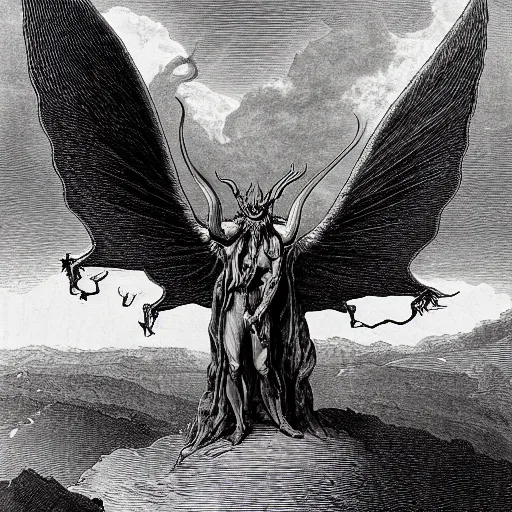 Prompt: a massive winged demon standing on top of a volcano on all fours, highly detailed, high contrast, in the style of Gustave Dore